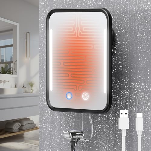 Gospire Miroir de douche chauffant sans buée rechargeable et éclairé avec support de rasoir, amovible et sans perçage, miroir de salle de bain avec...
