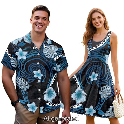 Image of Dreaweet Summer Dresses for Women A-Line Sleeveless Flowy Sun Dresses,Men's Casual Button-Down Shirts,Couple Matching Outfits