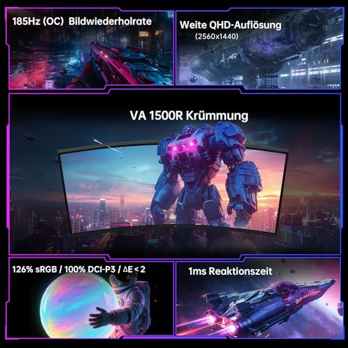 KTC Curved Gaming Monitor 32 Zoll | QHD@185Hz (OC) | 1ms Reaktionszeit | HVA Panel, 1500R Krümmung | 96% DCI-P3, 99% sRGB, 1,07 Mrd. Farben | HDR10 | VESA 100×100mm | Low Blue Light, Flicker-Free | H3 – Bild 3