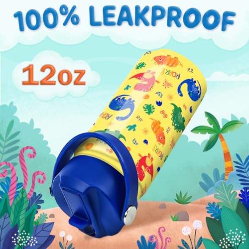 Image of Dinosaur Kids Water Bottle - 12 Oz Insulated Stainless Steel - Straw Lid for Toddlers & Kids - School & Sports Travel Cup