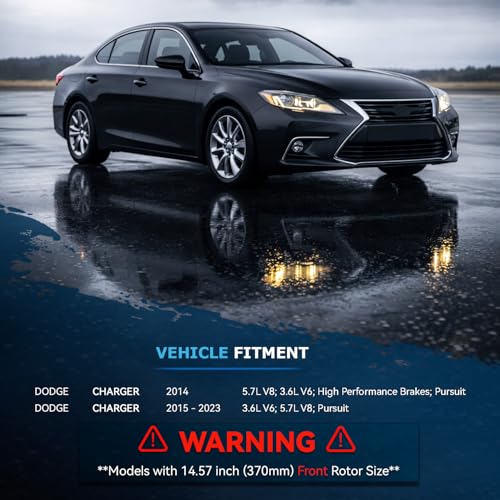 Image of Detroit Axle - Front Brake Kit for 2014-2023 Dodge Charger 2015 2016 2017 | 2018 2019 2020 2021 2022 Drilled Slotted Disc Brake Rotors Ceramic Brake Pads with Hardware Replacement 14.57 inch inch Rotors
