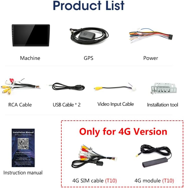 Product List showing the main unit, GPS antenna, power harness, RCA cables, USB cables, video input cable, installation tool, and instruction manual.