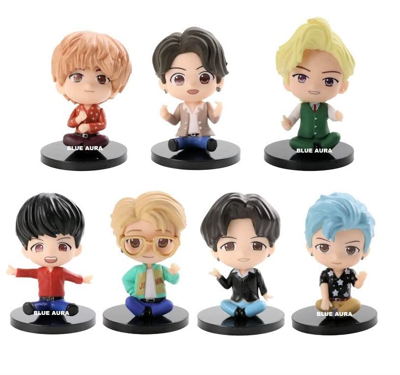 Blue Aura BTS Figures Dance Disco Dynamite Sitting Set of 7 Action Toy Figure Multicolored Height - 7.5 to 7.8CM (Disco Dynamite Sitting)