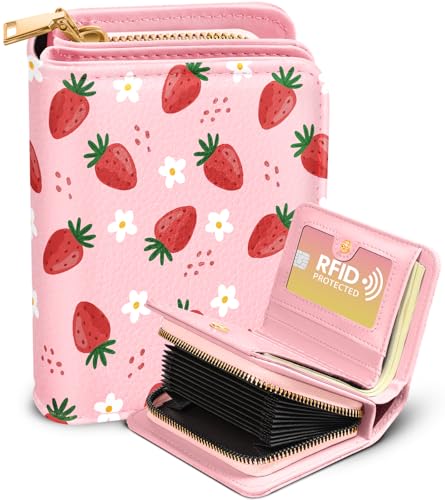 Image of Bistup Leather 12 Slot Accordion Card Holder Wallet, Strawberry | Accordion Storage, Zipper Around Closure, Compact Patterned Wallet for IDs, Cards, Cash, Daily Carry and Gifts