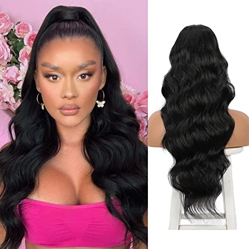 LNERATO Long Wavy Drawstring Ponytail 24inch Synthetic Heat Resistant Ponytail Extensions for Women Wrap Around Drawstring Body Wave Hair Extensions Ponytail Hairpieces(Black)