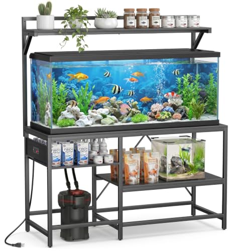 Image of 55 Gallon Fish Tank Stand, Aquarium Stand with Power Outlet, Heavy-Duty Reptile Terrarium Stand Table with Top Shelf for 55 Gallon Standard Long-Type Model, 52 inch L x 21.6 inch W x 30 inch H(Black)