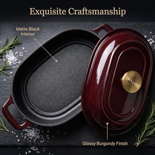 Image of La Cuisine Enameled Cast Iron Bread Loaf Dutch Oven Oblong for Sourdough Crusty Bread & High‑Heat Baking. Oven-Safe 550F /287C Matte Black Enamel Interior, 5.5 QT, Cranberry