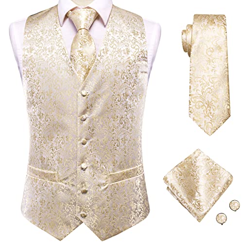 Hi-Tie Beige Floral Suit Vests Set for Men with Silk Woven Necktie Pocket Square Cufflinks Set Men's Wedding Waistcoat Formal Dress