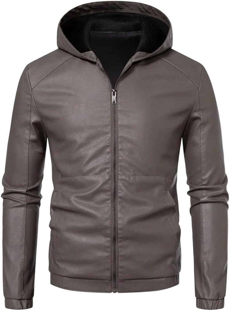 Mens Hooded Faux Leather Motorcycle Jacket Thick Casual Zip Up Coat