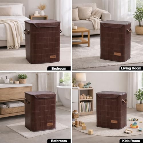Image of Luxe Home Laundry Basket for Clothes, Premium Bamboo Big Storage Bag with Lid and Side Handle Multipurpose Used In Laundry Rooms, Bedrooms, Bathrooms (40x30x50 cm, Brown)