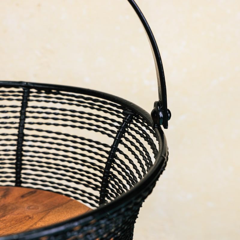 Image of Swirl Multipurpose 2-Tier Storage Basket | Acacia Wood & Iron Handles | Wooden Storage Organizer Basket | Kitchen, Living Room, Bathroom & Home Decor | Natural Finish