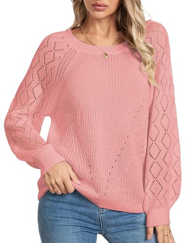 Image of Libsorge Womens Cute Crochet Knit Hollow Out Sweater Fall 2024 Lightweight Ribbed Crewneck Long Sleeve Pullover Top