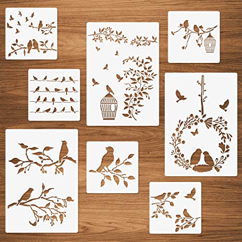 Pochoirs oiseaux, 8 pièces oiseau sur branche feuilles arbres fil cage à oiseaux oiseaux volants peinture de vigne modèles réutilisables pour murs fabrication de cartes de meubles en bois