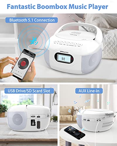 Greadio Boombox CD Player, Portable FM Radio CD Player with Bluetooth 5.1, LCD Display, AC Cord/Dry Battery Operation, TF/USB/AUX Port, Headphone Jack, CD-R/CD-RW Compatible for Home,Senior,Kids - Thumbnail 3