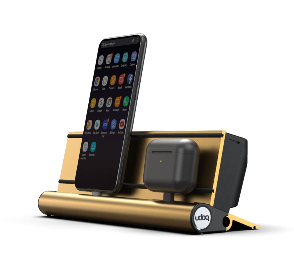 udoq 250 USB-C Ladestation aus Aluminium mit 2 Ladeplätzen und 68W Schnellladen, modulares Starter-Set erweiterbar, Ladehub für Smartphone & Mobile Geräte, Gold eloxiert