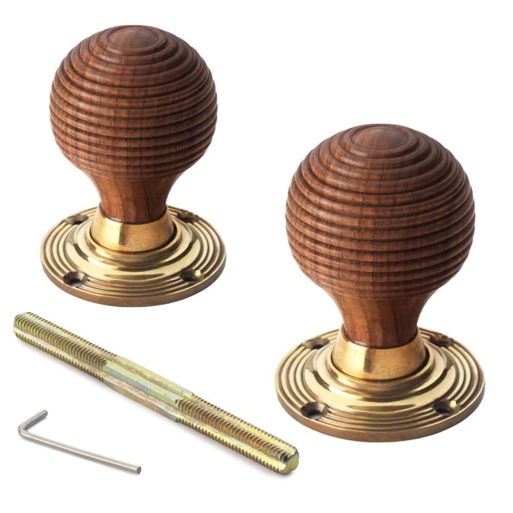 Ab Hardware Brown Rosewood & Aged Brass Beehive Door Knobs Traditional Rim & Mortice Compatible