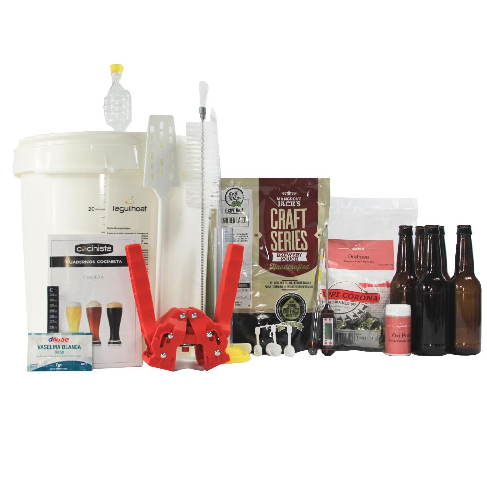 Kit completo para hacer cerveza artesanal en casa 30 L con extracto de malta lupulizado, fermentador con grifo, densímetro, chapador y 50 botellas 33 cl