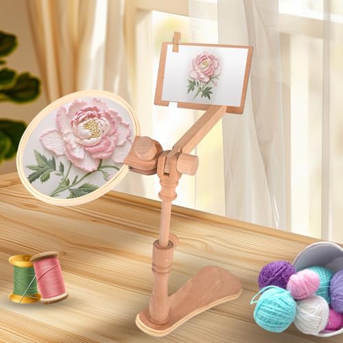 Image of GeryVtee Embroidery Hoop Stand 360Adjustable Sitting Cross Stitch Stand Easy to Use Wooden Embroidery Hoop Holder with 4 Pcs Embroidery Hoops Rotated for Embroidery Projects