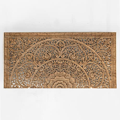 Rectangular King Size Bed Headboard, Wall Mounted Hanging Wooden Panels, Hand Carved Teak Wood Furniture, Rustic Brown Color, 76X38 Inches #TOP1
