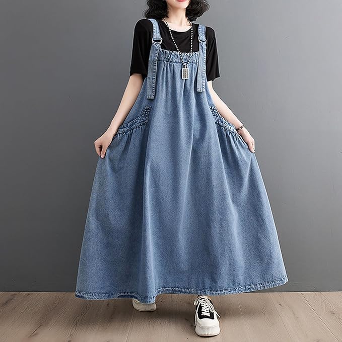 Image of Boho Jumper Dress for Women Loose Version Baggy Style Maxi Length Adjustable Straps Wide Hemline Overall Dresses