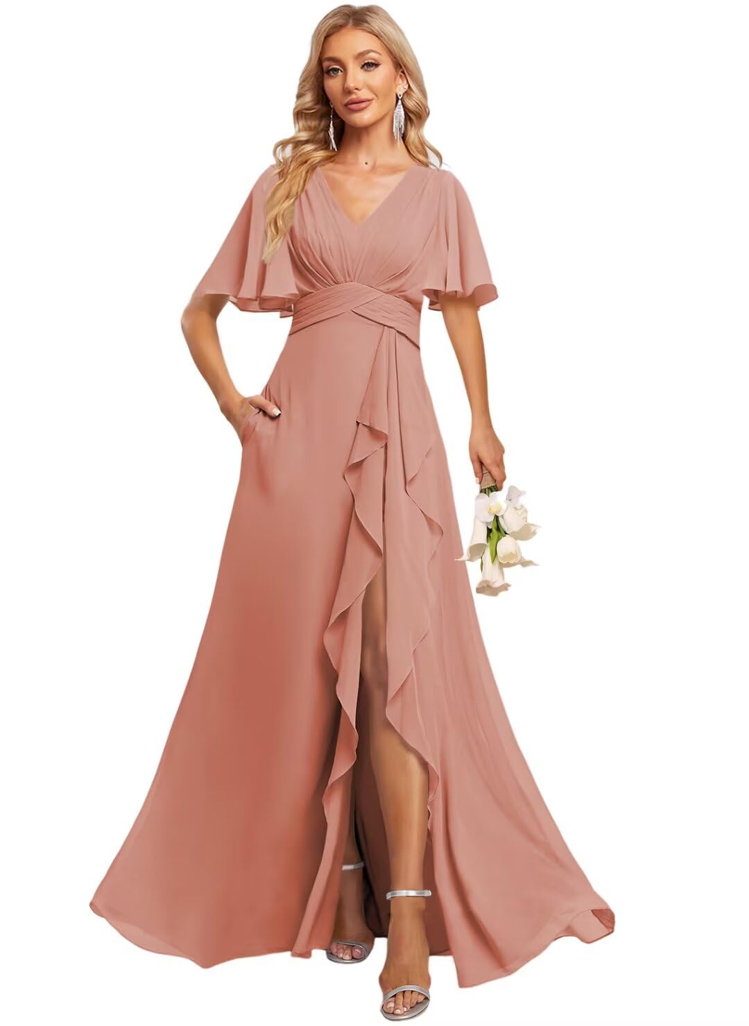 V Neck Chiffon Bridesmaid Dresses with Pockets Ruffles A Line Side