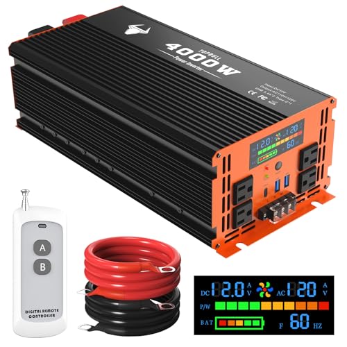 4000 Watt Power Inverter 12V DC to 120V/110V AC for Vehicles RV Truck Solar Home Off-Grid Car Converter Surge 8000W with 4 AC Outlet 2 USB-A Port 200ft Remote Control and 3 AC Terminal Blocks