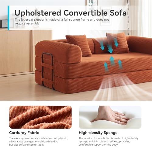 Image of Convertible Sleeper Sofa with 2 Pillow, Modern Corduroy Futon Bed, Modular Sofa with Pull-Out Bed, Love Seat Sleeper for Living Room, Small Space Apartment, Office