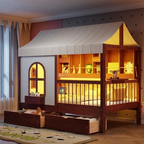 Image of House Bed with Tent and Bookshelf, 2 Drawers, USB Charging