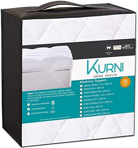 Kurni ® king Size Mattress Topper 4 Inch Thick White, UK King Bed Soft, Machine Washable, Foldable & Portable, Noiseless Composition with Anchor Corner Straps Size (UK King - 150x200 cm)
