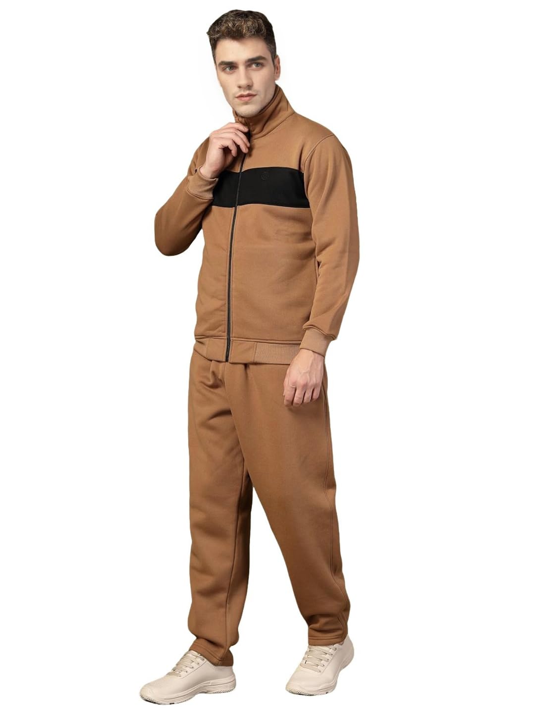 chkokko Mens High Neck Winter Tracksuit Full Zip Jacket with Elastic Waist Lower Warm and Soft Activewear Set for Gym Running and Casual Use Golden Brown 5XL-picture-17