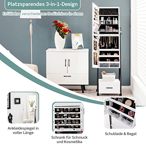 COSTWAY Schmuckschrank mit Spiegel, Schmuck Spiegelschrank mit Schublade, auf Rollen, abschließbar, freistehend, 42 x 38 x 157 cm (Weiß)