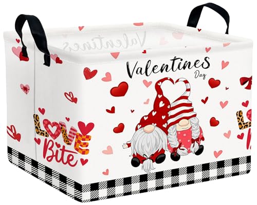 Image of Valentines Day Basket for Kids Heart Shaped Empty Storage Bins for Gifts with Handles Room Decor (Boy Girls Gnome Love)