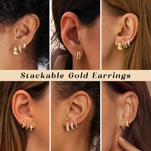 LOYALLOOK 3Pairs Gold Hoop Earrings Set for Women Trendy Huggie Hoop Earrings Stacks for Multiple Piercing 14K Gold Plated Chunky Hoop Earrings Set Hypoallergenic Cartilage Earring Lightweight2