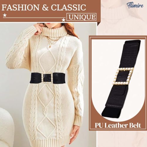 Women Elastic Wide Belt for Dresses Rhinestone Square Buckle Stretchy Waist Belt Vintage Stretchy Cinch Waistband4