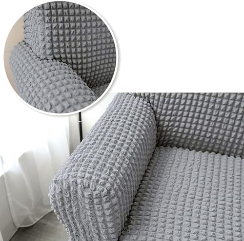 Image of House of Quirk Turkish Bubble Frill Five Seater 3 + 1 + 1 Sofa Slipcovers 280 GSM, Durable Washable Universal Triple Seater High Elastic Furniture Protector (Light Grey)