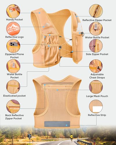 Image of Zelvot Running Vest for Women Men, US Patent, Adjustable Chest Straps Running Hydration Vest with 500ml Soft Flask, Lightweight Reflective Hydration Backpack for Marathon