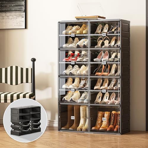 Vipbox Black Shoe Rack Organizer Cabinet for Closet Entryway,Clear Shoe Storage Boxes Stackable Sneaker Storage with Door Easy Assembly Shoe Cabinet with Lids Large 7 Tiers 28 Pairs
