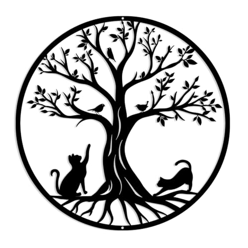 Pduoduo Arbre de vie en métal -Décoration Murale en Métal avec des Chats,Noir Tenture Décor Silhouette Mur Art pour Cadeau Intérieur Cadeau Extérieur...