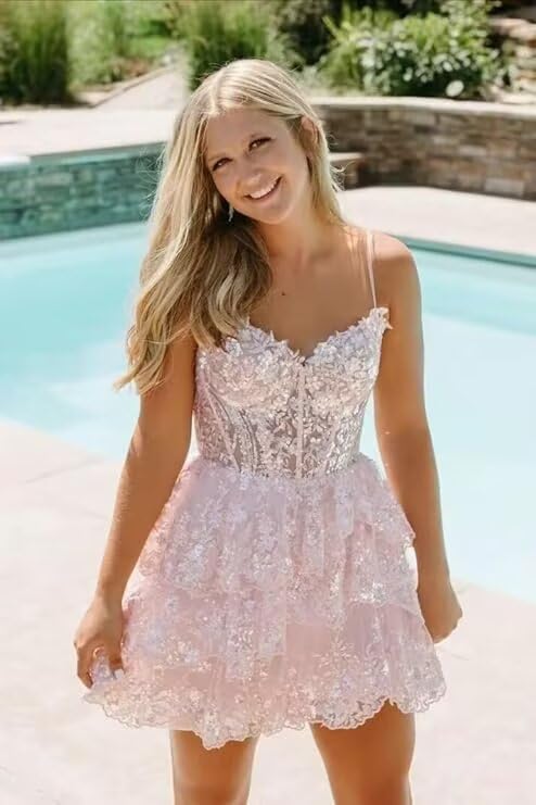 Spaghetti Straps Homecoming Dresses for Teens A Line Sequin Lace Tulle Tiered Short Prom Dress 20243