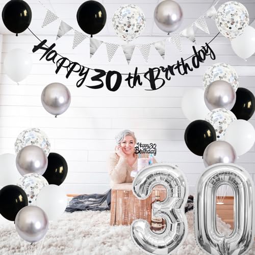 Image of 30th Birthday Decorations for Men, Black Silver 30th Birthday Balloons with Black Happy 30th Banner 30 Cake Topper Decor Number 30 Balloon for Women 30th Party Decoration