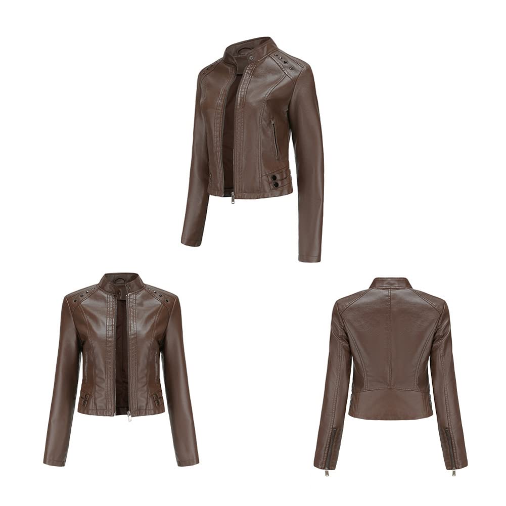 Giacca corta da donna in pelle PU manica lunga top donna sottile stand collare moda giacca. marrone-L