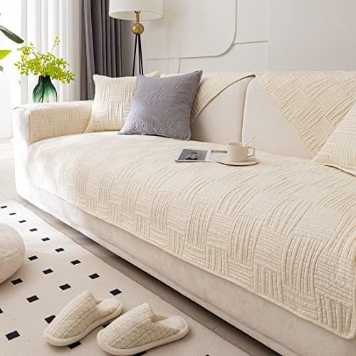 Xslive Farmhouse Couch Cover Solid Color Neutral Sofa Cover Soft Cotton Quilted Sectional Couch Covers Non Slip Washable Sofa Slipcover Furniture Protector For Living Room (Ivory B,28"X28") #TOP4