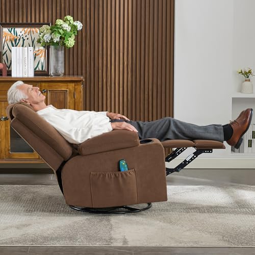 Image of Swivel Recliner Chair for Adults,Rocker Recliners with Vibration Massage and Lumbar Heat,Ergonomic Rocking Chair with Side Pocket,2 Cup Holders for Living Room