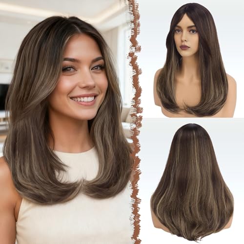 Image of FESHFEN Wigs with Bangs, Synthetic Natural Looking Ombre Brown Blonde Long Layered Straight Hair Wig for Women Daily Party Use, 18 inch