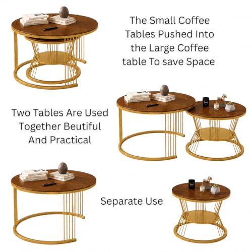 Image of NEST NATURE HAVEN Round Coffee Table, Modern Nestings Table Set of 2, Sofa Side Table with Marble Veneer Top and Metal Frame, End Table for Living Room Bedroom Home or Office (Golden Brown)