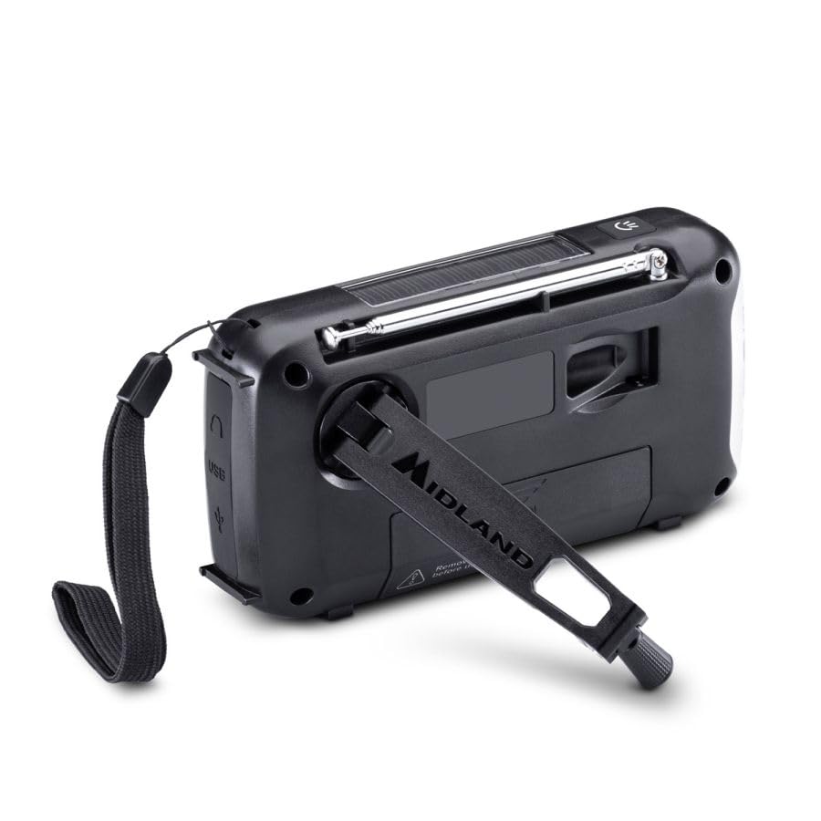 Midland ER100 C1665 - Radio d'urgence AM/FM, Panneau Solaire et Dynamo Rechargeable, Lampe, Port Micro USB, USB-A, autonomie de 25 Heures Maximum