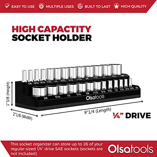 Image of Olsa Tools Magnetic Socket Organizer - 1 /4-Inch Drive SAE Socket Holder with Strong Magnets - Professional Tool Holder and Organizer - Stores up to 26 Sockets - Black - Part: 1542