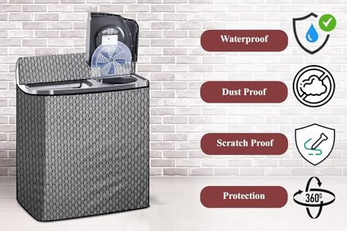 Image of The Furnishing Tree Semi-Automatic Top Load Washing Machine Cover | Waterproof & Dustproof | Easy to Clean | Durable & Washable, Basketweave Grey Polyester (51x80x86 CM)