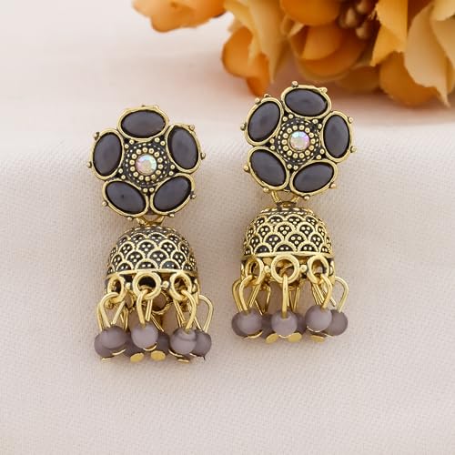 Image of Traditional Jhumka meenakari oxidised kundans flower Jhumka Earrings, Floral Design with Beaded Danglers, Multiple Colours Available