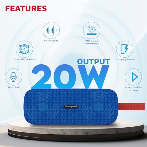 Image of Honeywell Trueno U300 Bluetooth 5.3 Wireless Portable Speaker, 20W Output, Dual 78mm Drivers, Deep Bass, 13H Playtime, IPX6, TWS Pairing, SD /USB Type-C /AUX Support, Built-in Mic, 2-Year Warranty-Blue